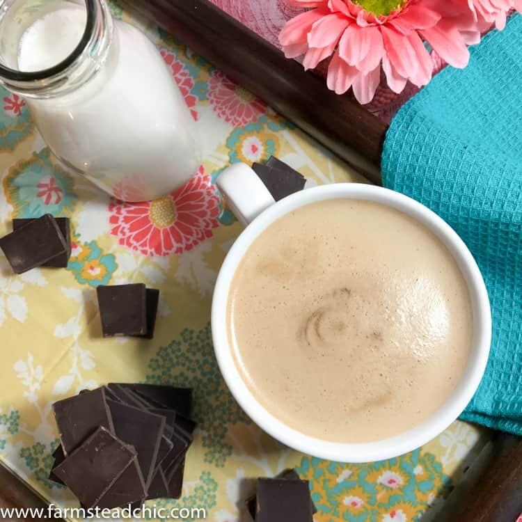 This Paleo & Whole30 Mocha Latte only uses 4 ingredients! Made with only coffee, coconut milk, cacao powder + ground vanilla beans, it's a guilt-free way to start your morning!
